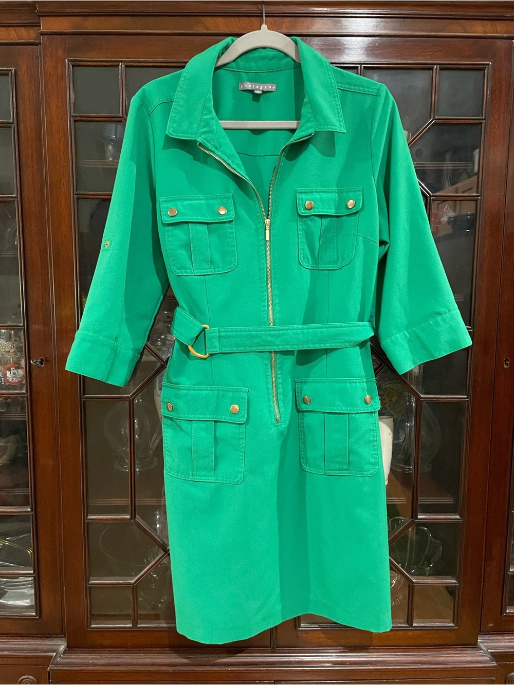 Sharagano Bright Green Utility Belted Jacket Dress